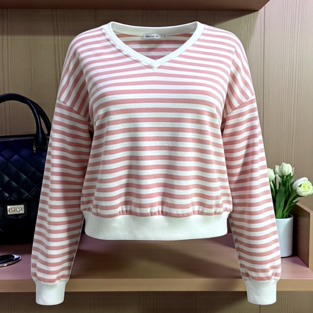 Striped V Neck Long Sleeve Casual Sweatshirt Pullover Top Women Size S